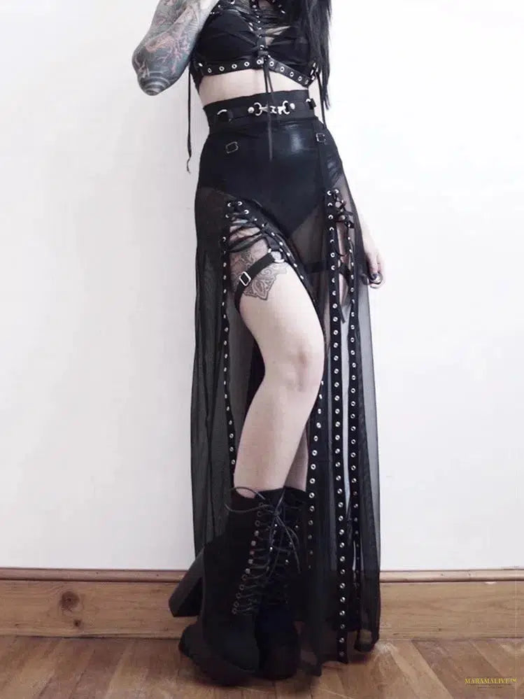 Maramalive™ Goth Mesh Long Skirt Women Streetwear Punk Sexy Vintage High Waist Split Skirt Harajuku Nightclub See Through Skirt