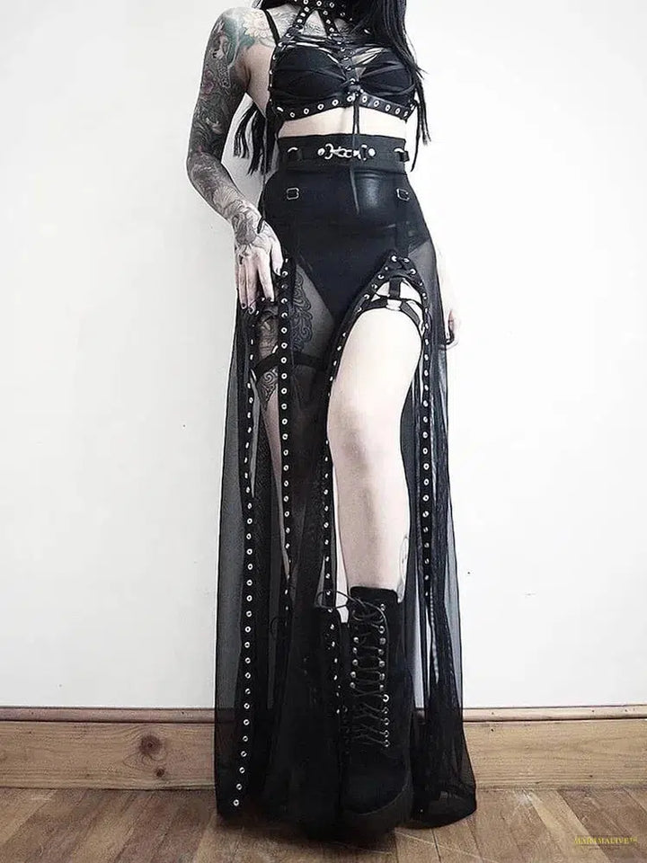 Maramalive™ Goth Mesh Long Skirt Women Streetwear Punk Sexy Vintage High Waist Split Skirt Harajuku Nightclub See Through Skirt