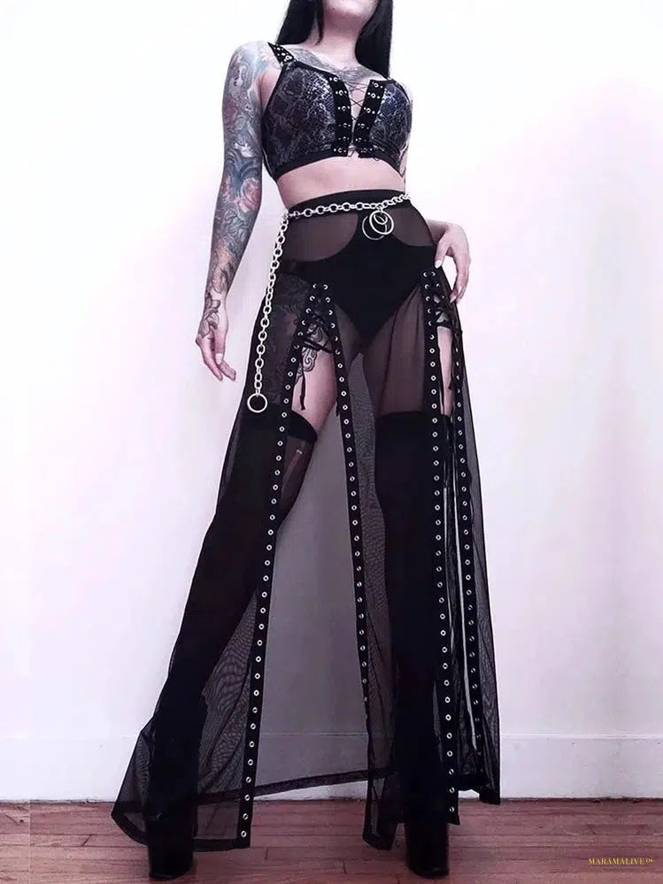 Maramalive™ Goth Mesh Long Skirt Women Streetwear Punk Sexy Vintage High Waist Split Skirt Harajuku Nightclub See Through Skirt