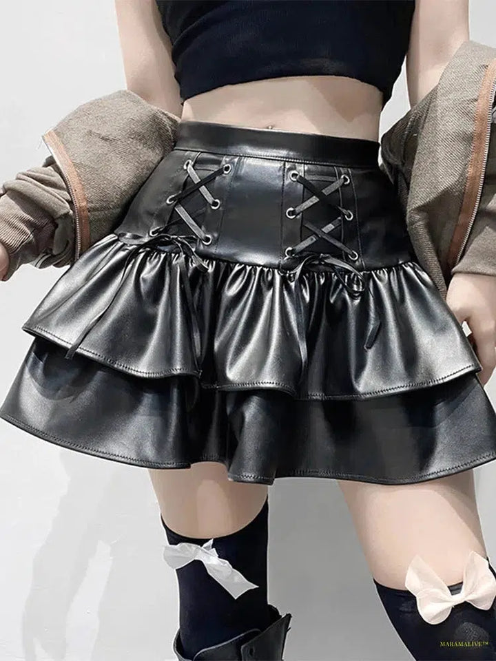 Maramalive™ Goth Punk PU Skirt Women Dark Gothic Vintage Bandage High Waist Lolita Skirt Harajuku Streetwear Emo Alt Clubwear