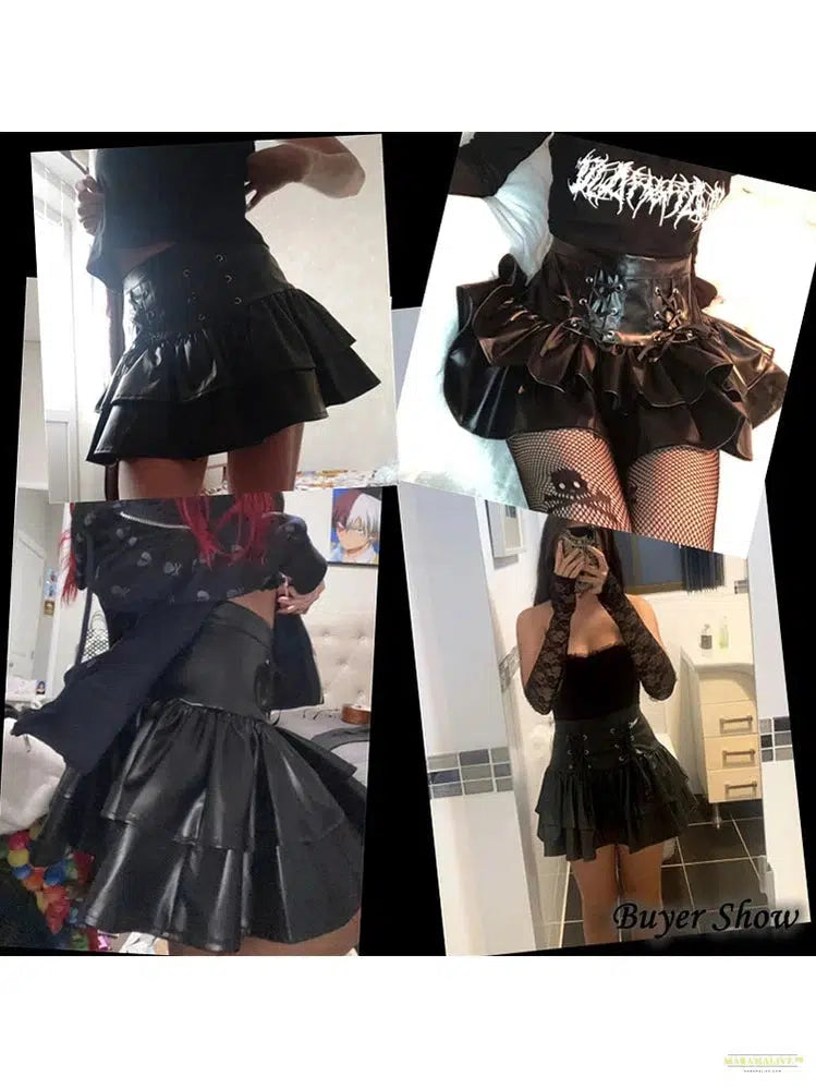 Maramalive™ Goth Punk PU Skirt Women Dark Gothic Vintage Bandage High Waist Lolita Skirt Harajuku Streetwear Emo Alt Clubwear