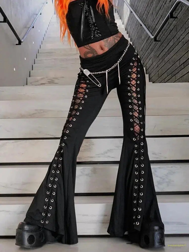 Maramalive™ Gothic Bandage Cut Out Pants Black Clothes for Women Cyber Punk Lace Up High Waist Flare Pants Dark Academia