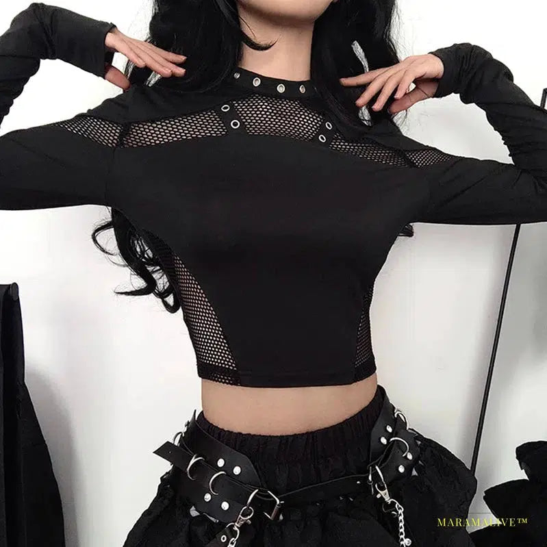 Maramalive™ Gothic Chic See-Through Black Crop Top - Mesh Patchwork Full Sleeve Punk Style T-shirt