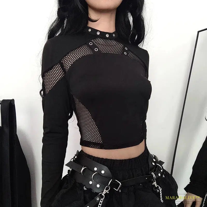 Maramalive™ Gothic Chic See-Through Black Crop Top - Mesh Patchwork Full Sleeve Punk Style T-shirt