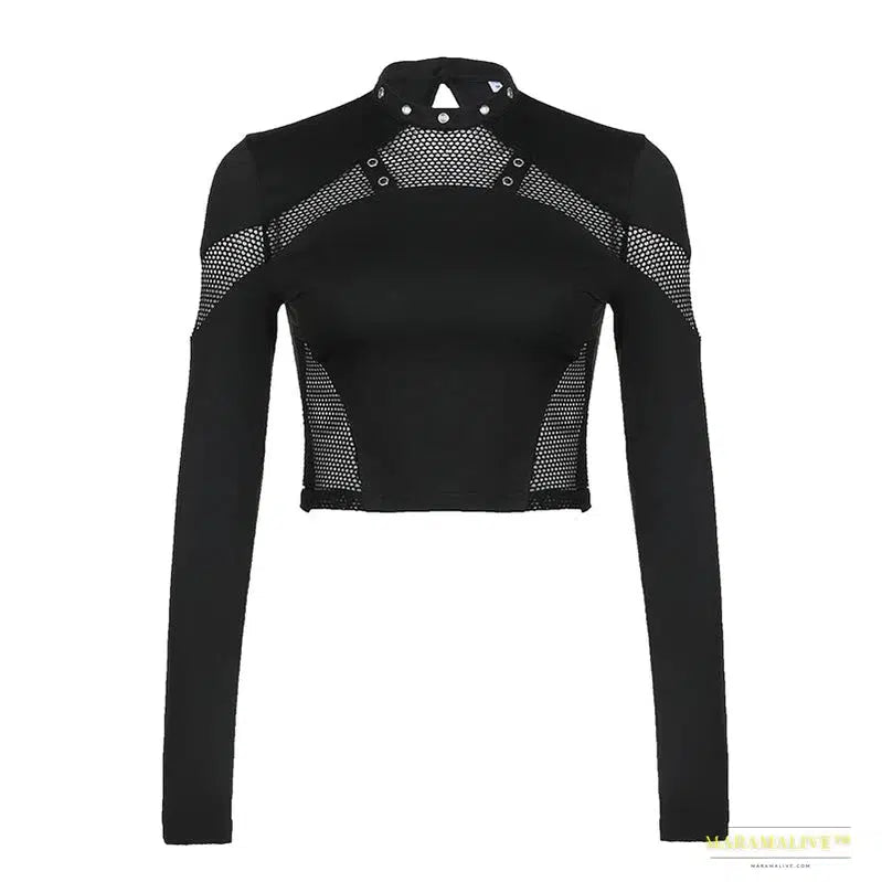 Maramalive™ Gothic Chic See-Through Black Crop Top - Mesh Patchwork Full Sleeve Punk Style T-shirt