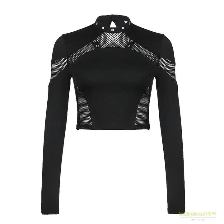 Maramalive™ Gothic Chic See-Through Black Crop Top - Mesh Patchwork Full Sleeve Punk Style T-shirt