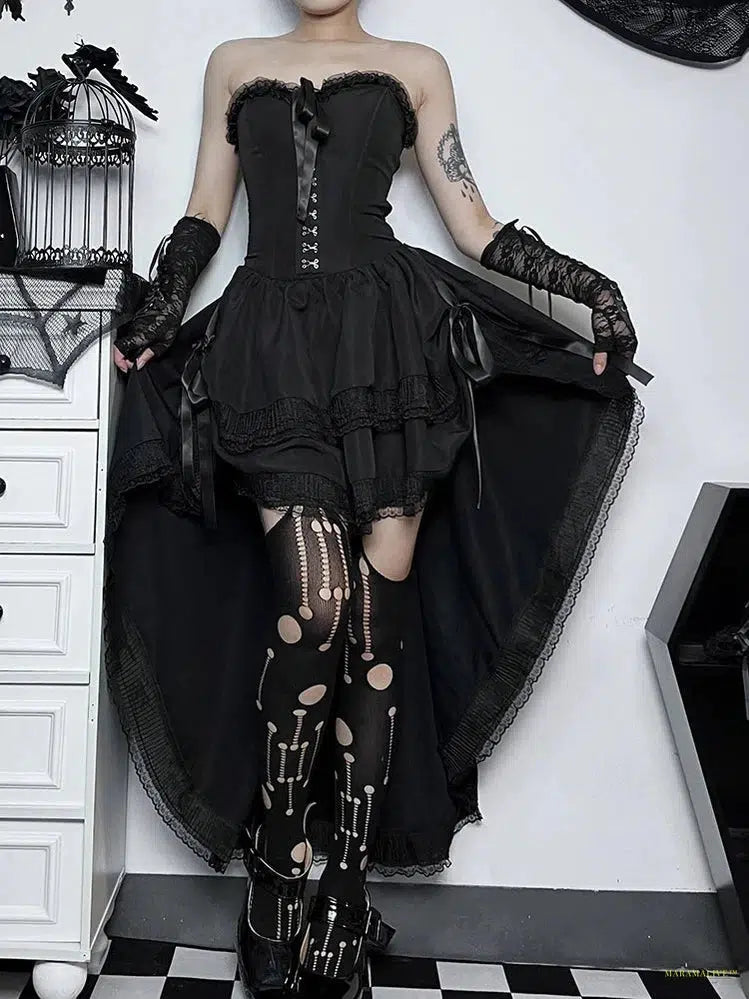 Maramalive™ Gothic Dark Halloween Black Dress Women Palace Style Lace Patchwork High Waist Corset Dress Nightclub Cosplay Partywear