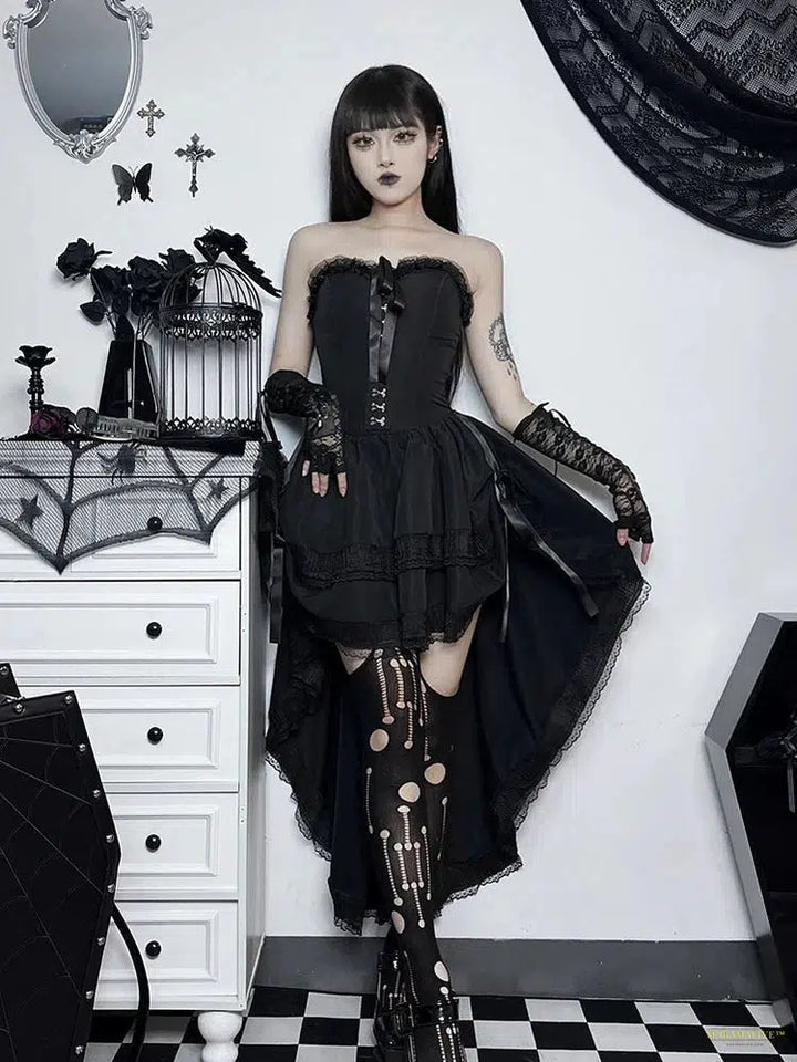 Maramalive™ Gothic Dark Halloween Black Dress Women Palace Style Lace Patchwork High Waist Corset Dress Nightclub Cosplay Partywear