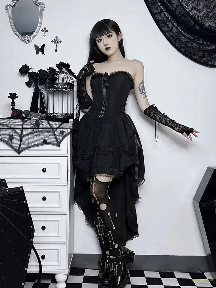 Maramalive™ Gothic Dark Halloween Black Dress Women Palace Style Lace Patchwork High Waist Corset Dress Nightclub Cosplay Partywear