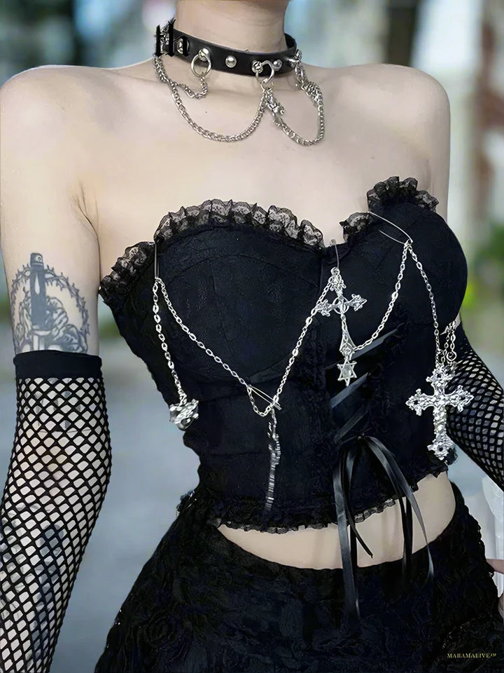 Maramalive™ Gothic Dark Punk Vest Women Streetwear Harajuku Grunge Lace Patchwork Cross Chian Lace-up Croset Crop Tank Tops Female