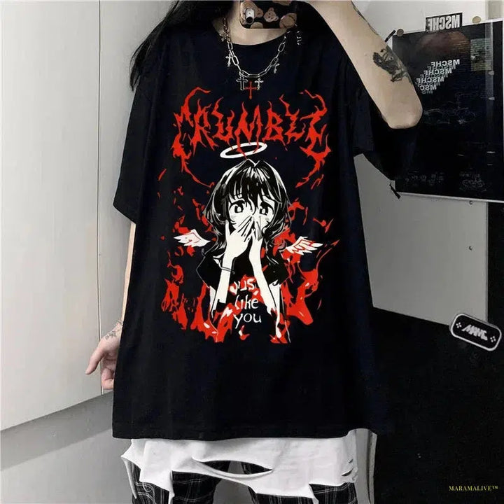 Maramalive™ Gothic Punk Cartoon Short Sleeve T-Shirt O-Neck Women Summer Ulzzang Hip Hop Loose Casual Streetwear Aesthetic Clothes