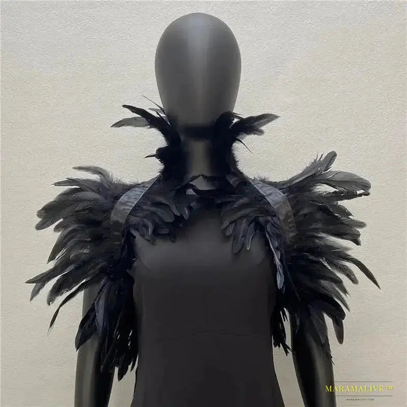 Maramalive™ Gothic Punk Feather Shawl Cape Shrug Shoulder Wrap Fake Choker Collar Stole Epaulet Halloween Cosplay Party Stage Show Shirt