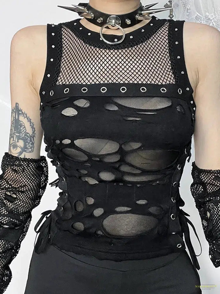 Maramalive™ Gothic Vest Women Sexy Hole See Through Lace-up Crop Tank Tops Streetwear Cyber Punk New Fashion Rave Outfits Femme