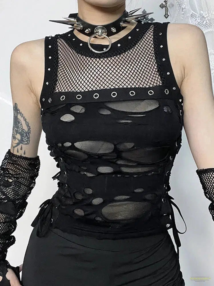 Maramalive™ Gothic Vest Women Sexy Hole See Through Lace-up Crop Tank Tops Streetwear Cyber Punk New Fashion Rave Outfits Femme