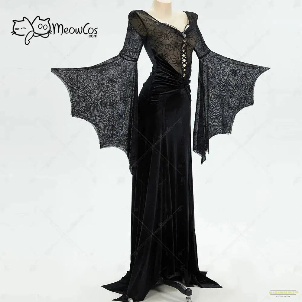 Maramalive™ Halloween Cosplay Costume Women's Gothic Style Black Long Dress Spiderweb Style Long Slit Bodycon Dress