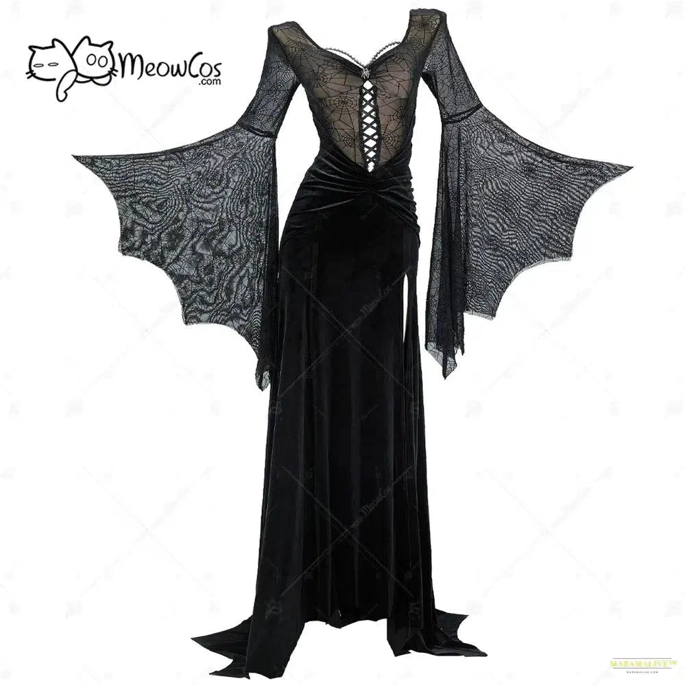 Maramalive™ Halloween Cosplay Costume Women's Gothic Style Black Long Dress Spiderweb Style Long Slit Bodycon Dress