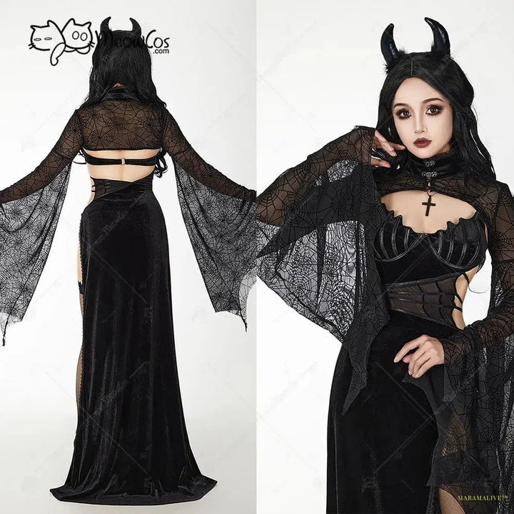 Maramalive™ Halloween Gothic Dress Black Mesh Spider Web Design Flared Sleeves Dress Cosplay Costume