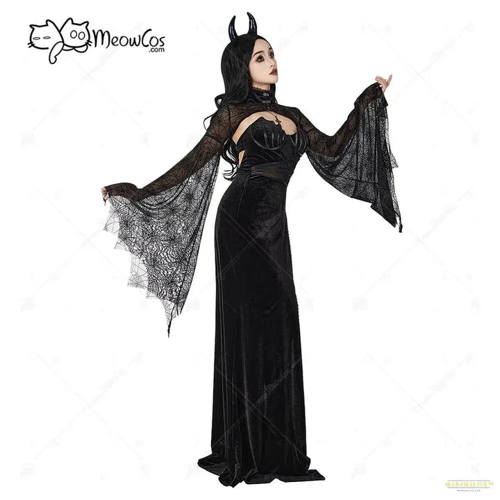 Maramalive™ Halloween Gothic Dress Black Mesh Spider Web Design Flared Sleeves Dress Cosplay Costume