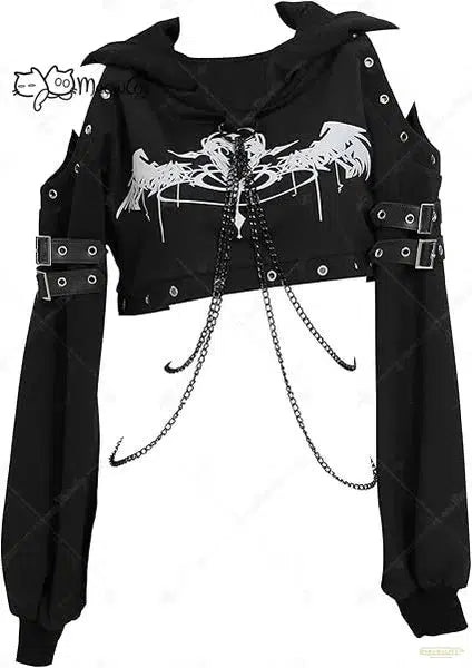 Maramalive™ Halloween Gothic Hoodies for Women Gothic Crop Top Punk Clothes Long Sleeve Chain Sweatshirt Hoodies Cosplay Costume