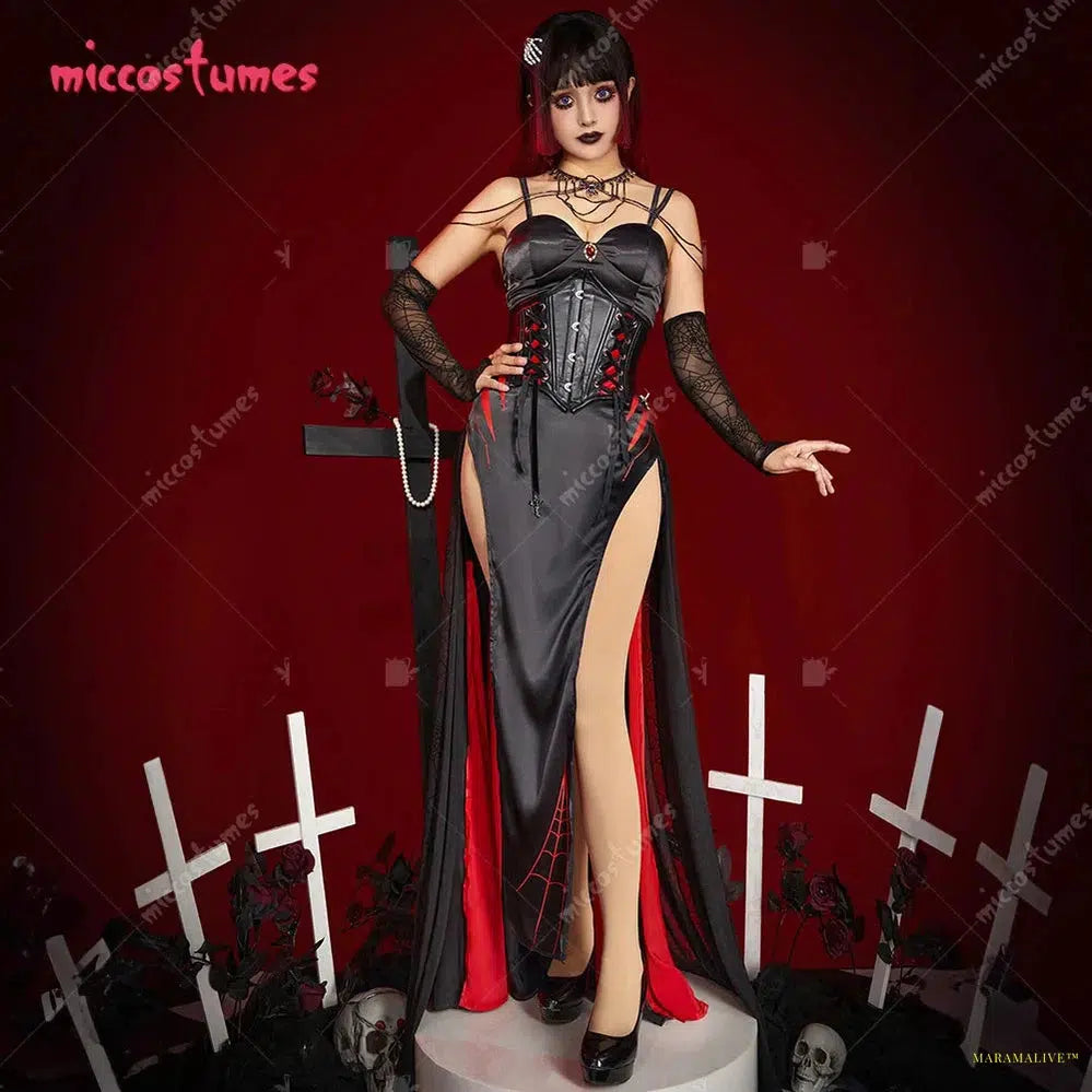 Maramalive™ Halloween Women Sexy Vampire Spider Costume Dark Gothic High Slit Dress Outfit with Sleeves Necklace