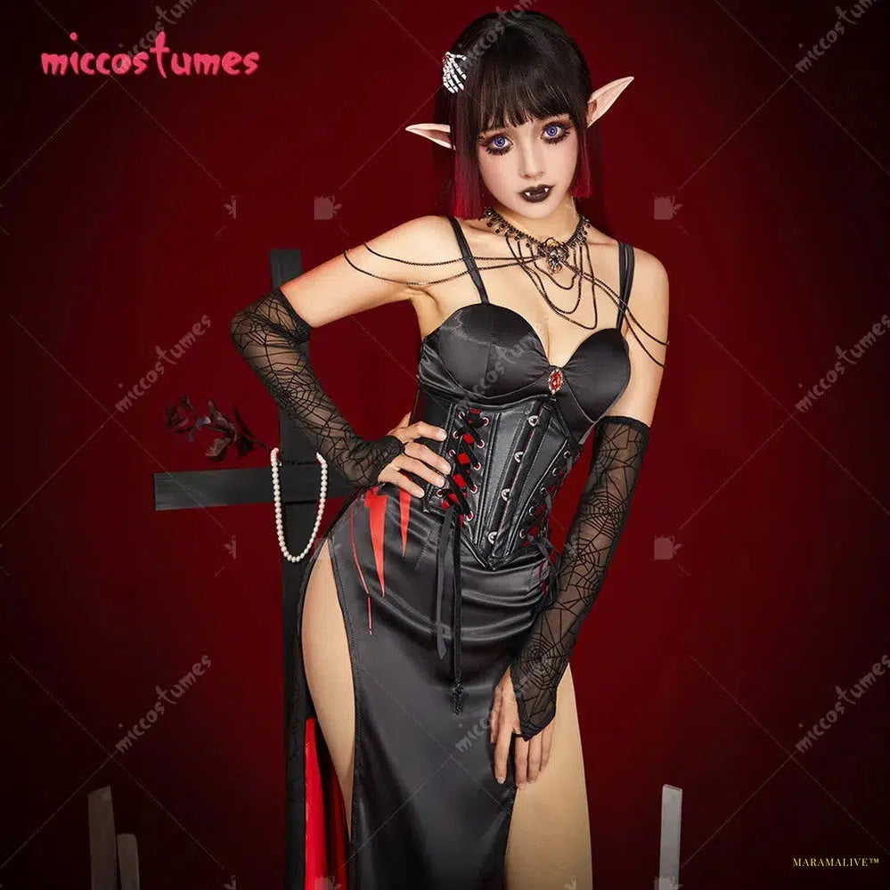 Maramalive™ Halloween Women Sexy Vampire Spider Costume Dark Gothic High Slit Dress Outfit with Sleeves Necklace