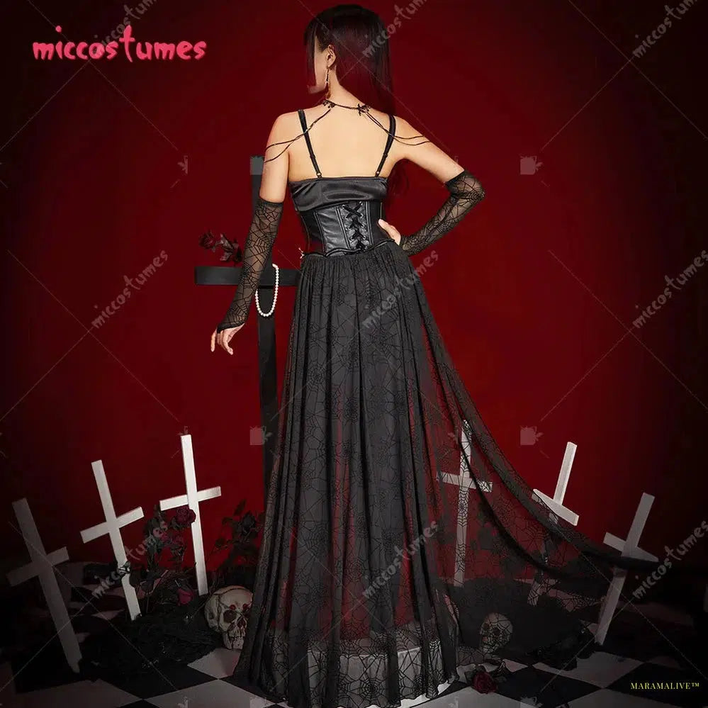 Maramalive™ Halloween Women Sexy Vampire Spider Costume Dark Gothic High Slit Dress Outfit with Sleeves Necklace