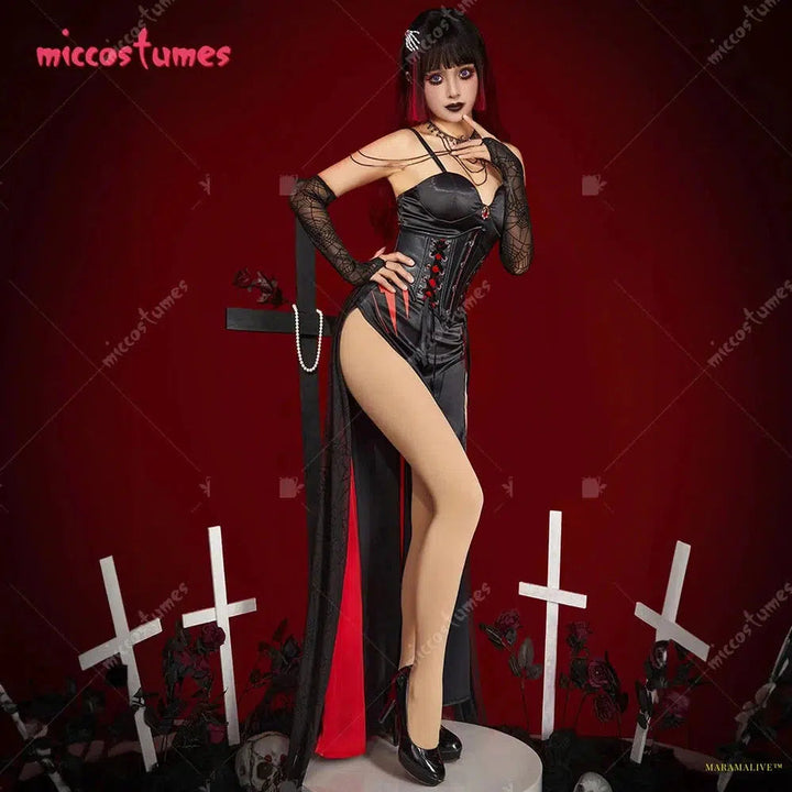 Maramalive™ Halloween Women Sexy Vampire Spider Costume Dark Gothic High Slit Dress Outfit with Sleeves Necklace