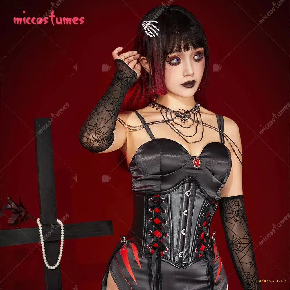 Maramalive™ Halloween Women Sexy Vampire Spider Costume Dark Gothic High Slit Dress Outfit with Sleeves Necklace