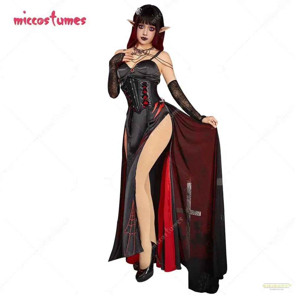 Maramalive™ Halloween Women Sexy Vampire Spider Costume Dark Gothic High Slit Dress Outfit with Sleeves Necklace