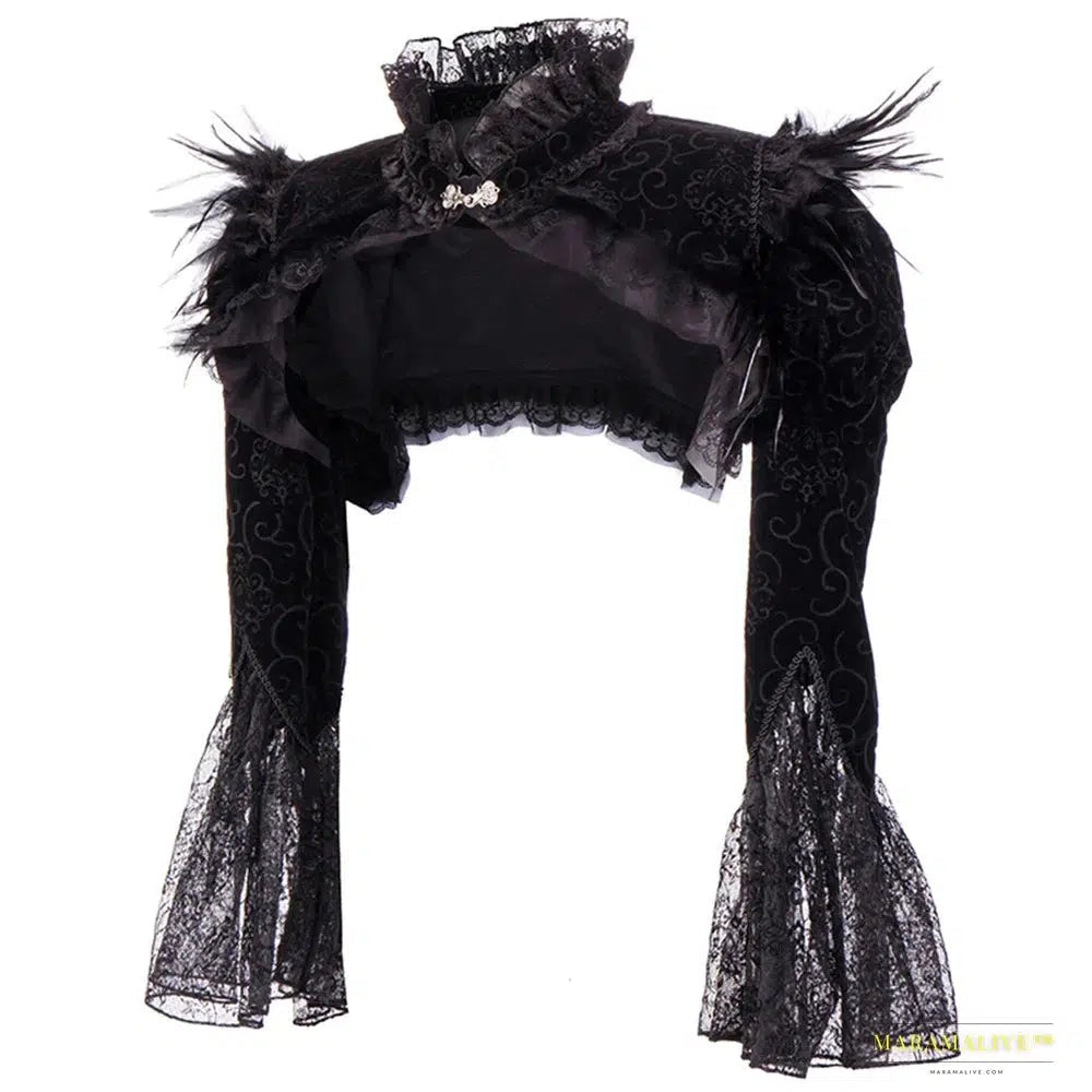 Maramalive™ Handmade Gothic Black Flannel Victorian Jacket - Feather & Lace Details, Flared Sleeves, Stand Collar