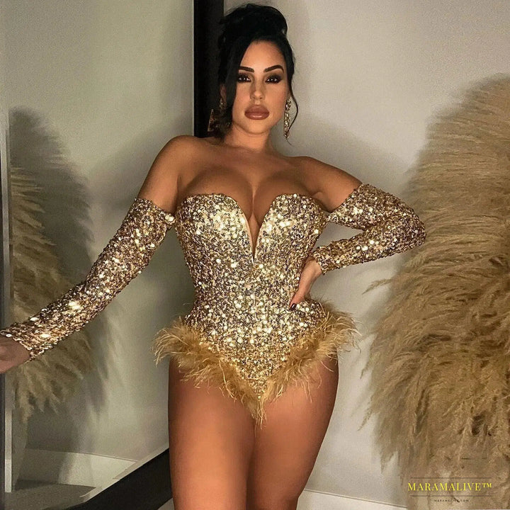 Maramalive™ Handmade Silver Gold Sequin Feather Bodysuit - Glamorous Party Corset Jumpsuit