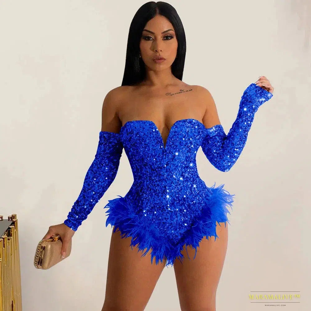 Maramalive™ Handmade Silver Gold Sequin Feather Bodysuit - Glamorous Party Corset Jumpsuit