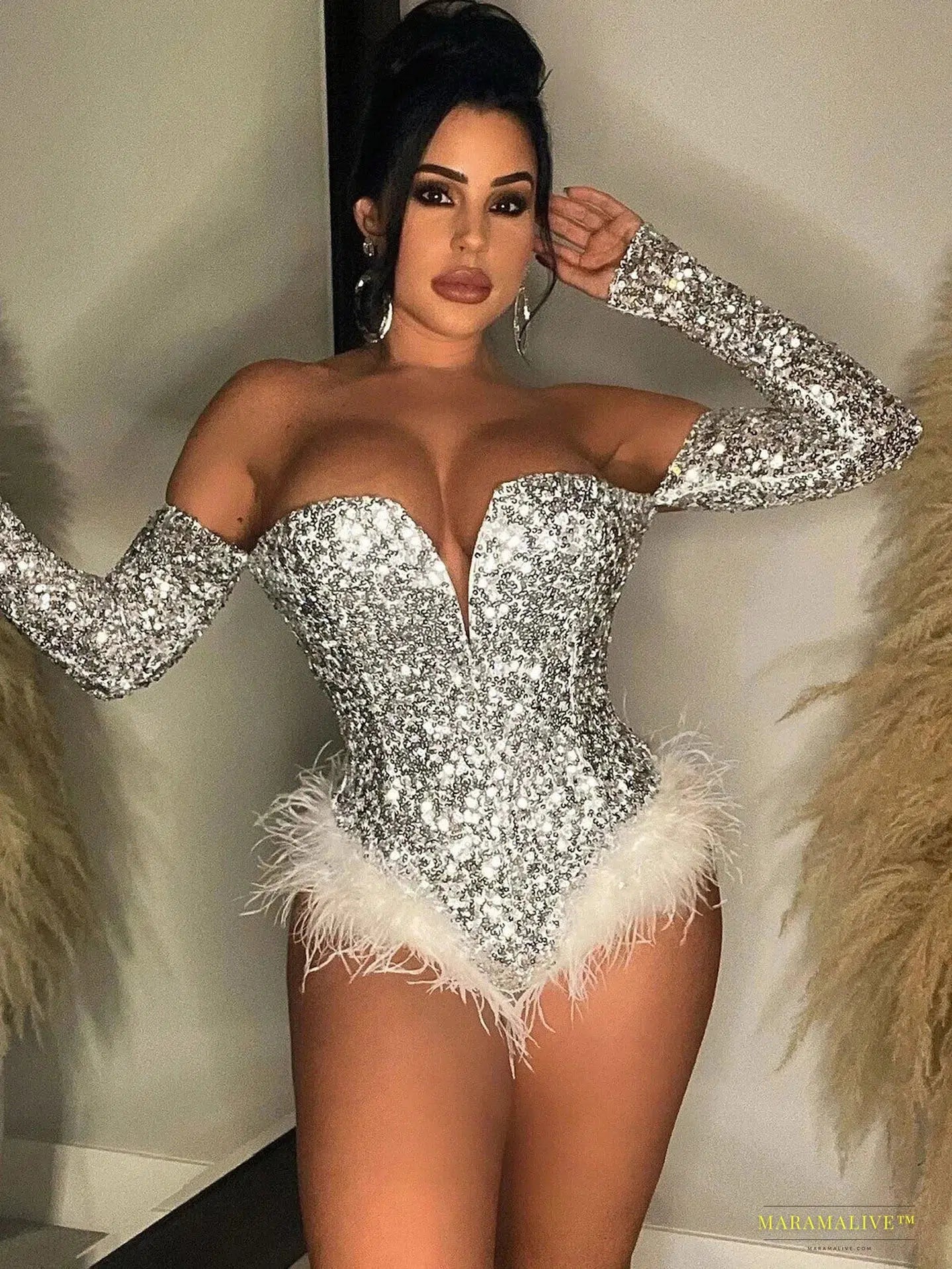 Maramalive™ Handmade Silver Gold Sequin Feather Bodysuit - Glamorous Party Corset Jumpsuit