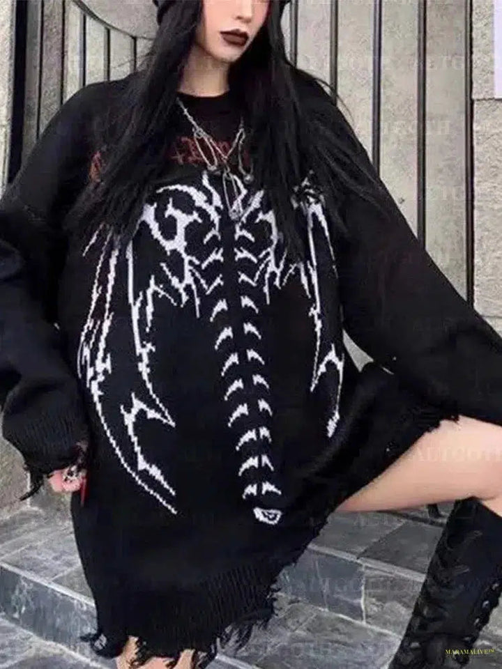 Maramalive™ Harajuku Cyber Y2k Gothic Sweater Women Streetwear Grunge Emo Alt Skeleton Long Sleeve Loose Casual Knitted Pullovers