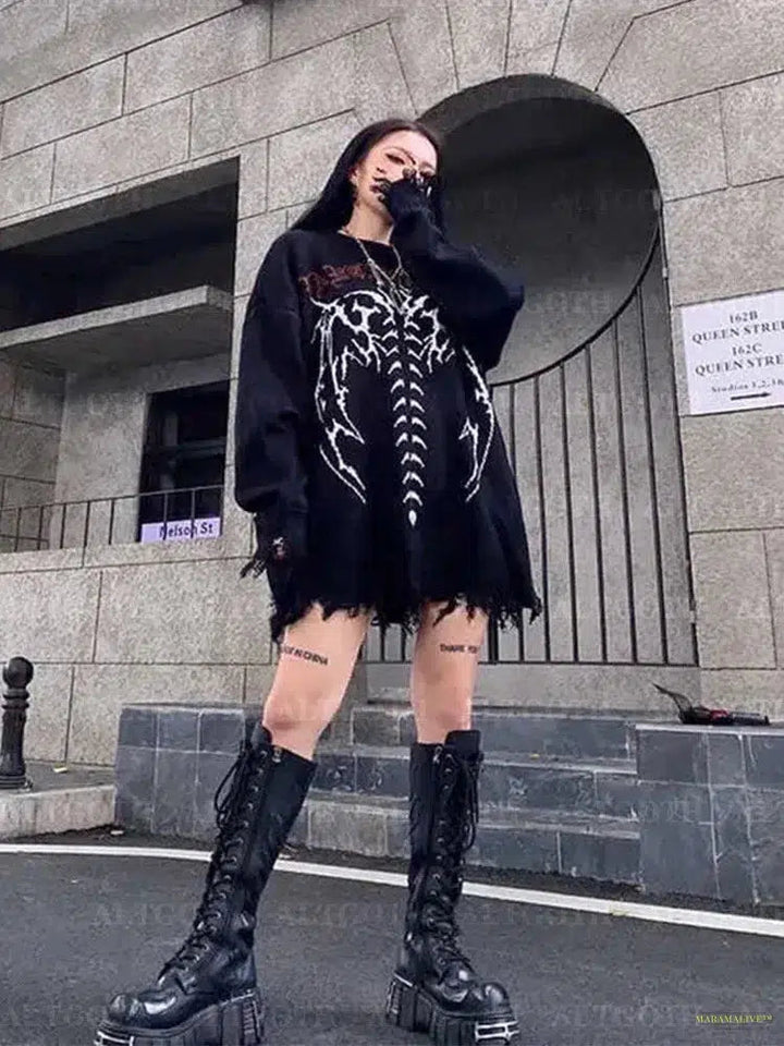 Maramalive™ Harajuku Cyber Y2k Gothic Sweater Women Streetwear Grunge Emo Alt Skeleton Long Sleeve Loose Casual Knitted Pullovers