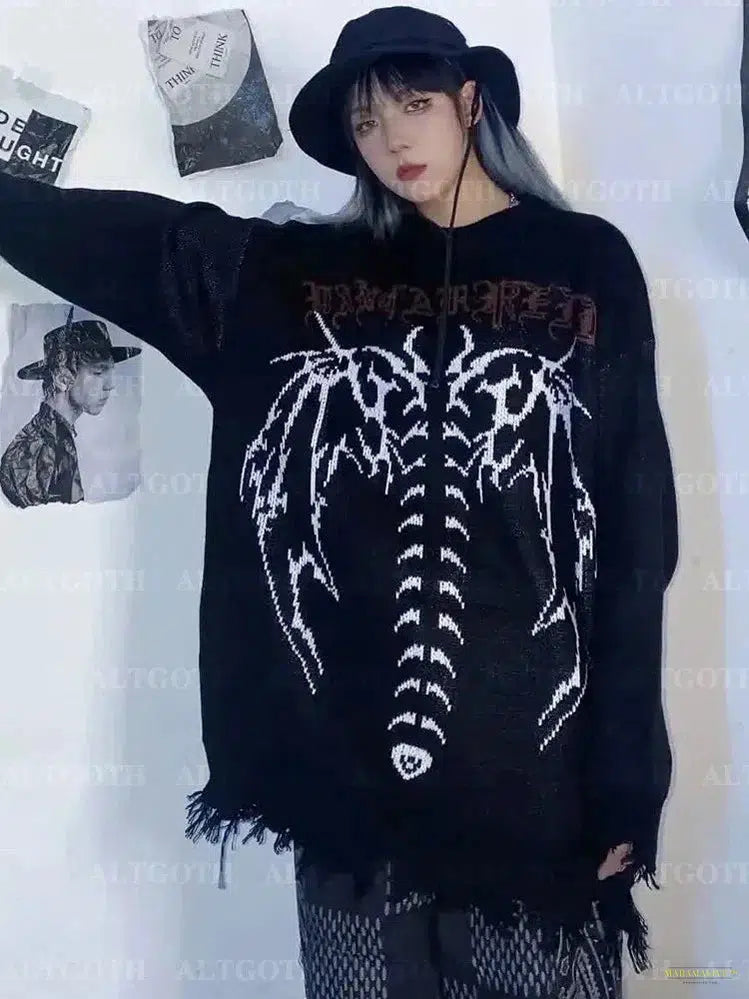 Maramalive™ Harajuku Cyber Y2k Gothic Sweater Women Streetwear Grunge Emo Alt Skeleton Long Sleeve Loose Casual Knitted Pullovers