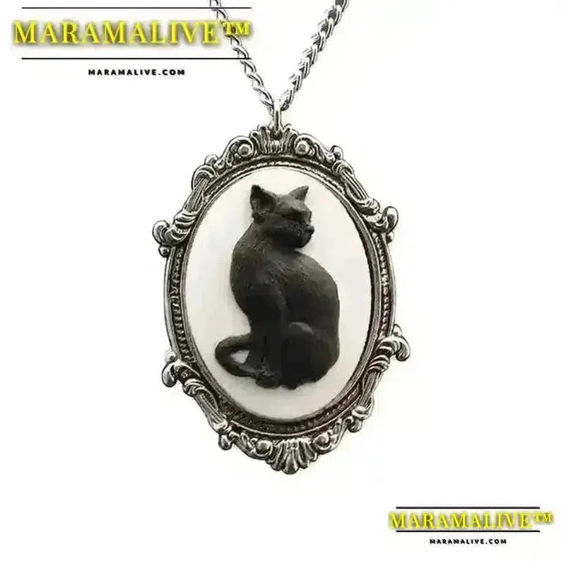 Maramalive™ Lucky Cat Necklace for Women Girls Black Cat Pendant Oval-Frame Choker Cameo Clavicle Chain Goth Jewelry Ornament