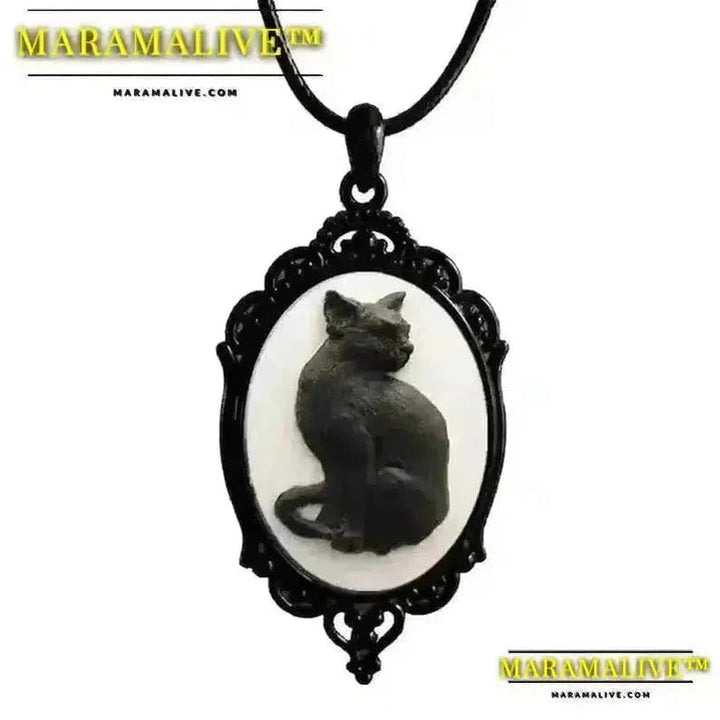 Maramalive™ Lucky Cat Necklace for Women Girls Black Cat Pendant Oval-Frame Choker Cameo Clavicle Chain Goth Jewelry Ornament