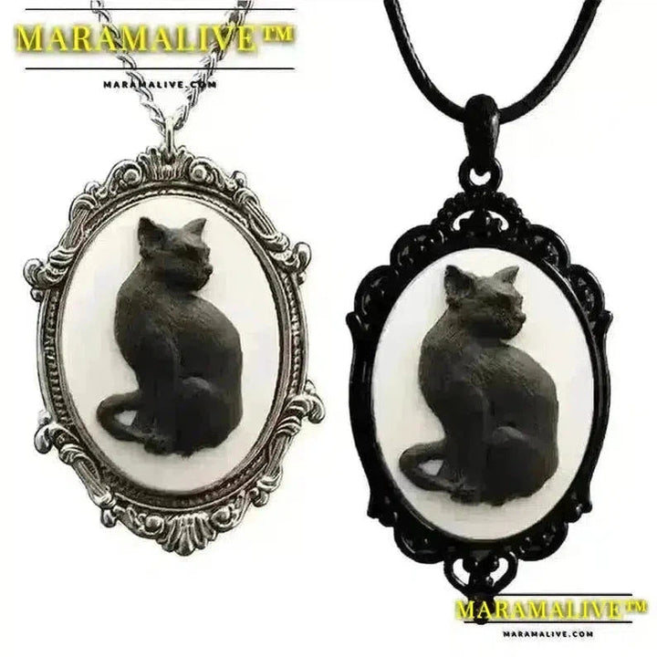 Maramalive™ Lucky Cat Necklace for Women Girls Black Cat Pendant Oval-Frame Choker Cameo Clavicle Chain Goth Jewelry Ornament