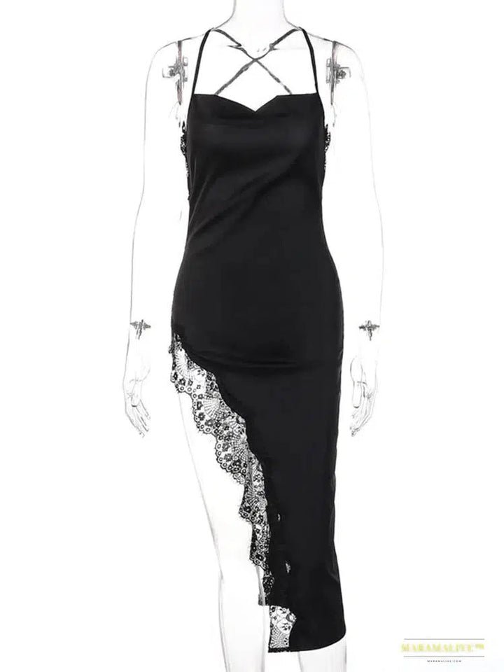 Maramalive™ Luxury Strapped Midi Dress with Lace Patchwork & Side Slit Winter Collection - Stunning Backless Gothic Fashion