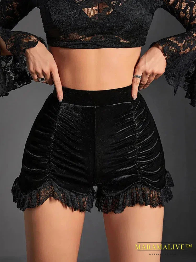 Maramalive™ Mall Gothic Velvet Ruched Sexy Shorts Skirts E-girl Grunge High Waist Skinny Bottoms Women Lace Hem Fall Alt Clothes