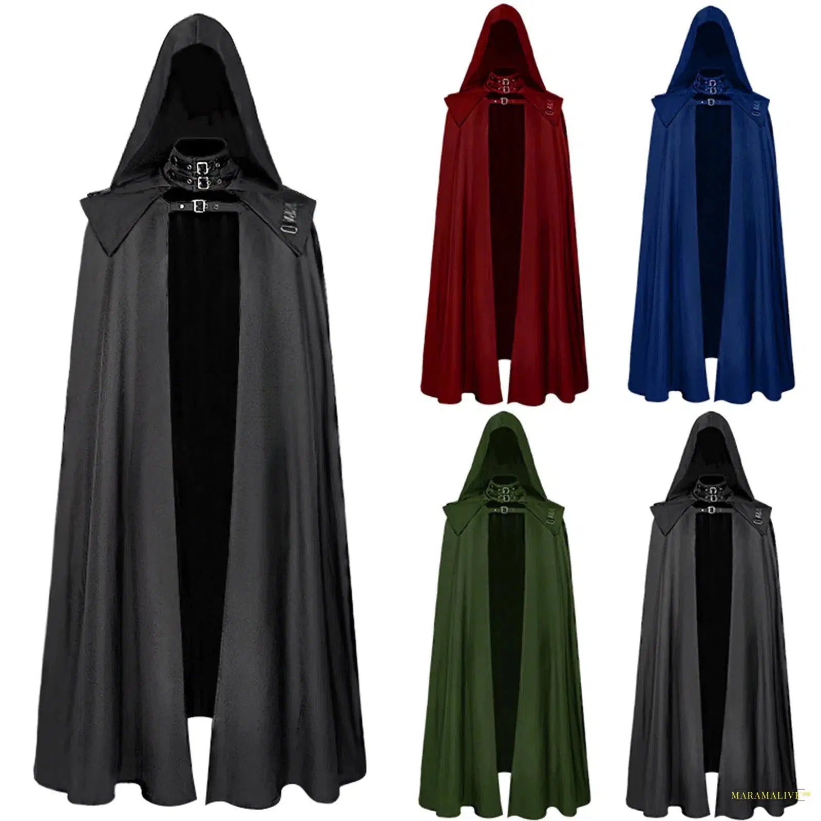 Maramalive™ Medieval Cloak Hooded Coat Men Halloween Cosplay Costume Vintage Gothic Buckled Stand Collar Leather Shoulder Knights Maxi Cape