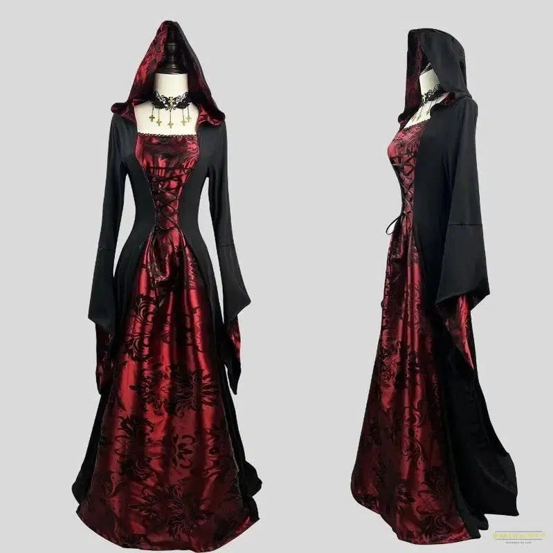 Maramalive™ Medieval Renaissance Maxi Train Dress Women Halloween Devil Pagan Witch Wedding Costume Hooded Gown Robe Cosplay Costume