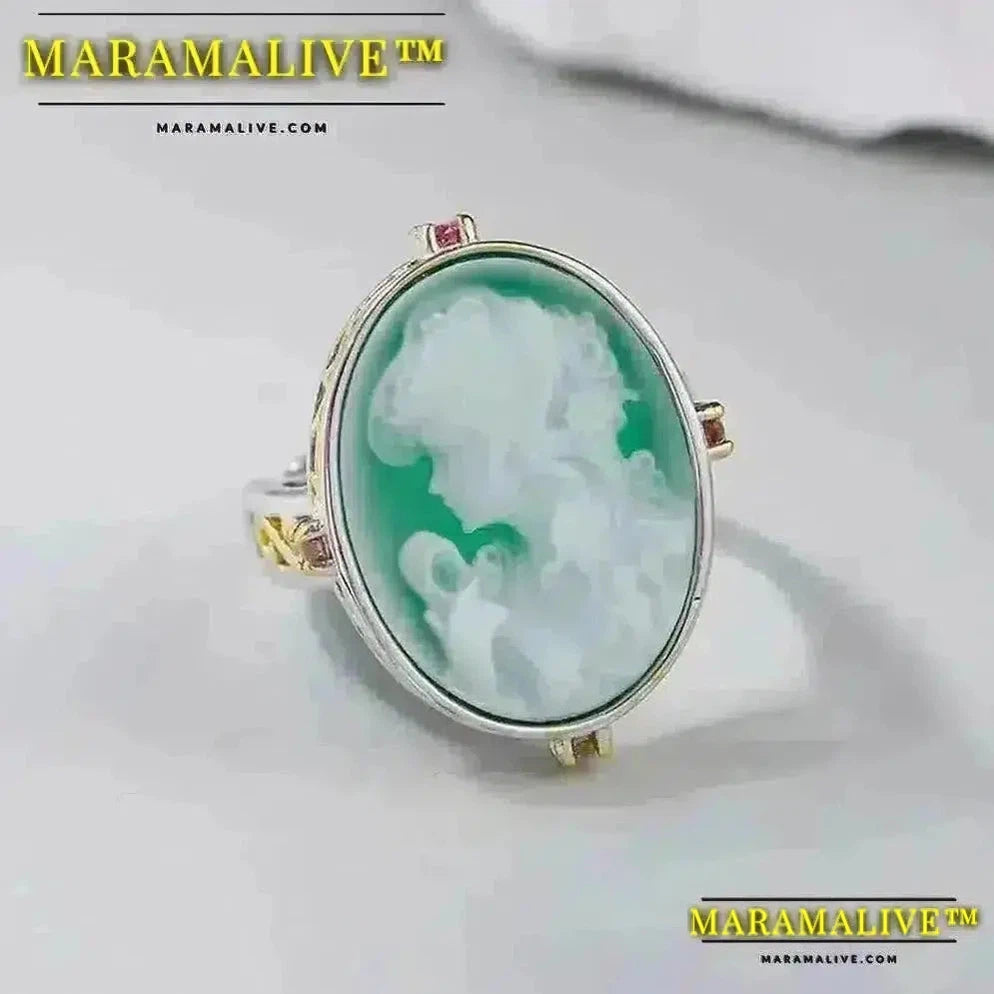 Maramalive™ Natural Gemstone Jewelry Green Onyx Goddess Cameo Ring Gold Color S925 Sterling Silver Oval Statement Rings for Ladies