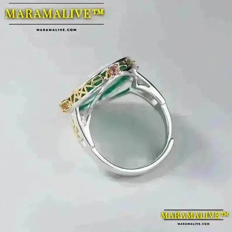 Maramalive™ Natural Gemstone Jewelry Green Onyx Goddess Cameo Ring Gold Color S925 Sterling Silver Oval Statement Rings for Ladies