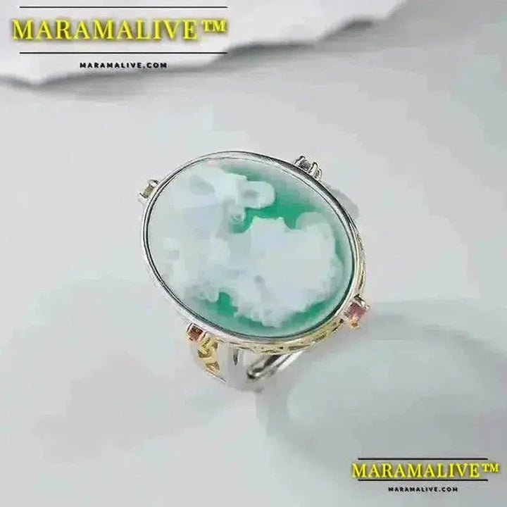 Maramalive™ Natural Gemstone Jewelry Green Onyx Goddess Cameo Ring Gold Color S925 Sterling Silver Oval Statement Rings for Ladies