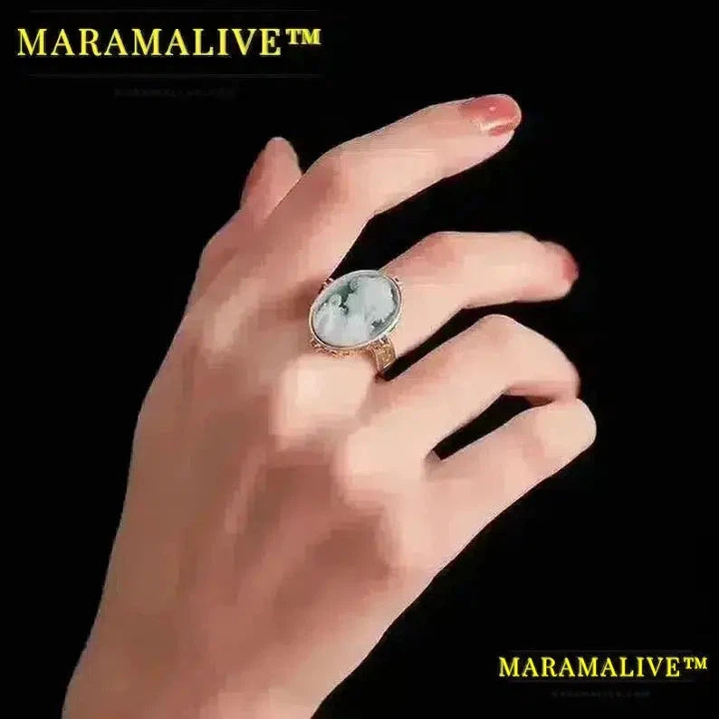 Maramalive™ Natural Gemstone Jewelry Green Onyx Goddess Cameo Ring Gold Color S925 Sterling Silver Oval Statement Rings for Ladies