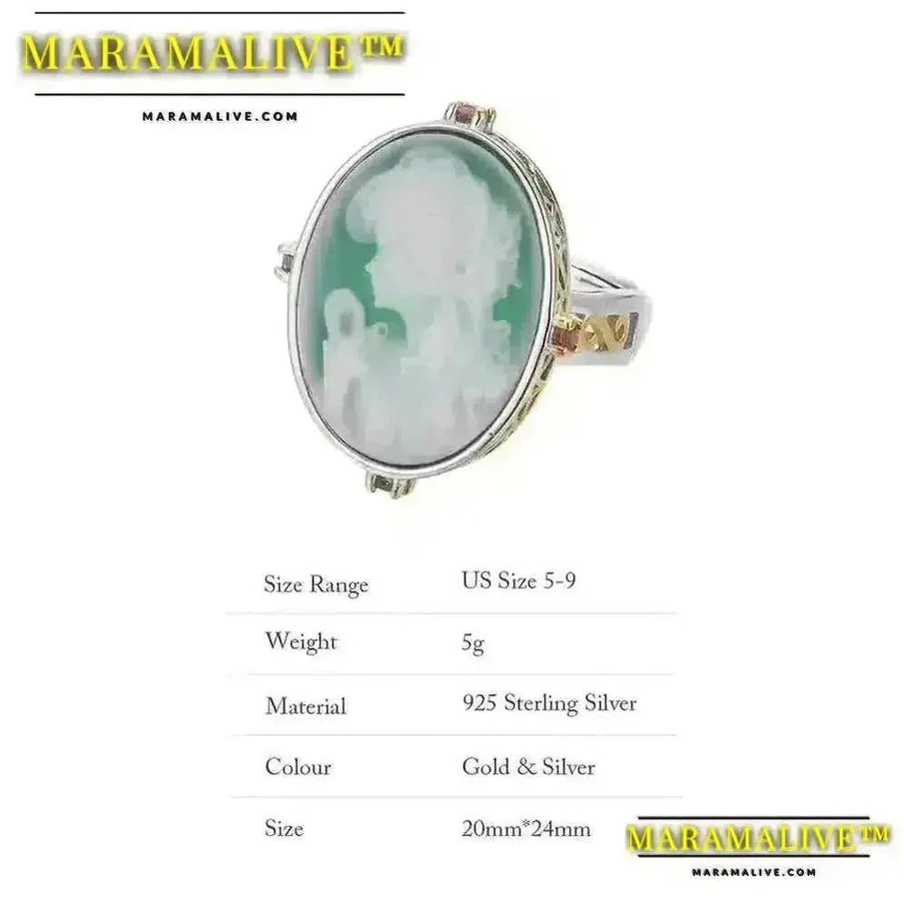 Maramalive™ Natural Gemstone Jewelry Green Onyx Goddess Cameo Ring Gold Color S925 Sterling Silver Oval Statement Rings for Ladies