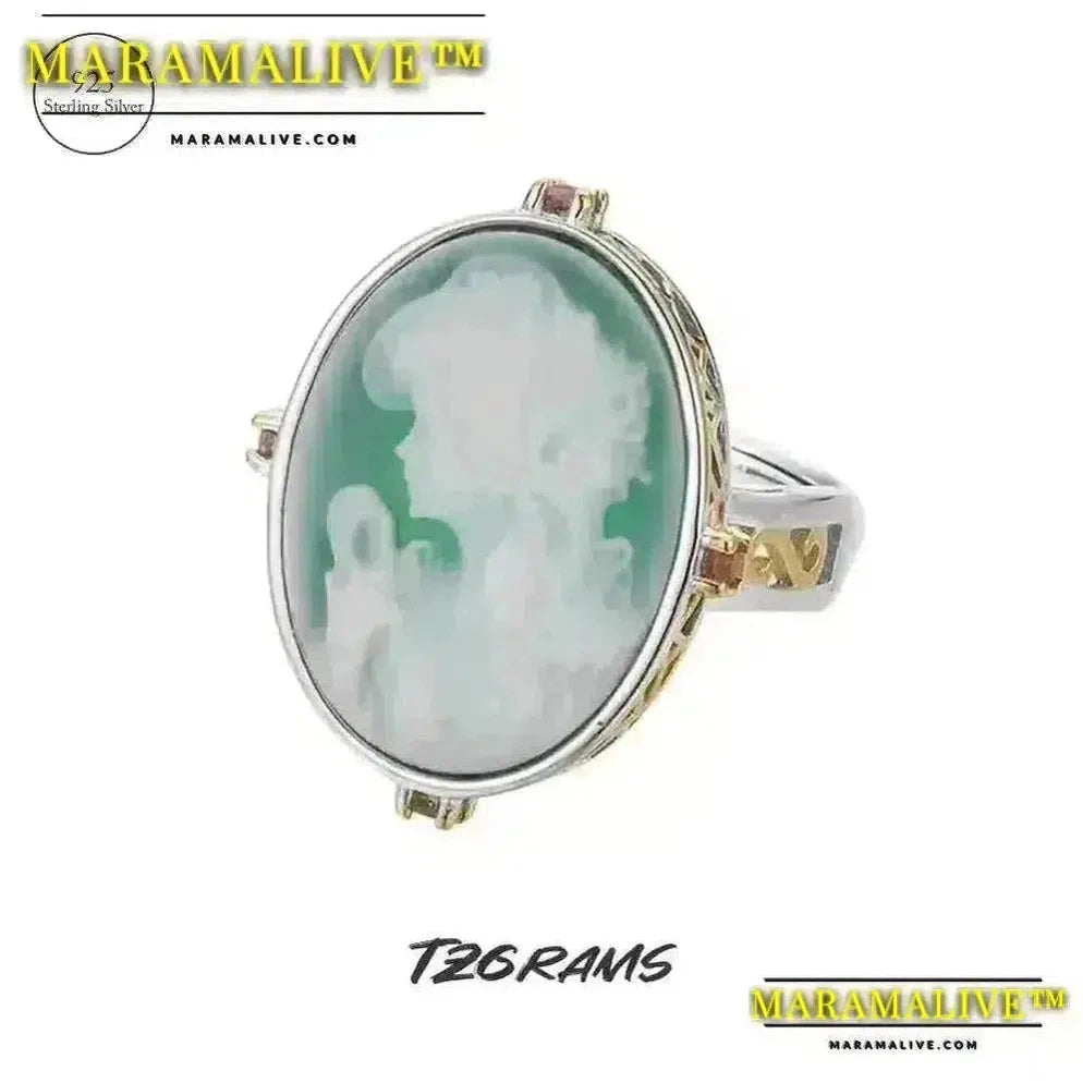 Maramalive™ Natural Gemstone Jewelry Green Onyx Goddess Cameo Ring Gold Color S925 Sterling Silver Oval Statement Rings for Ladies