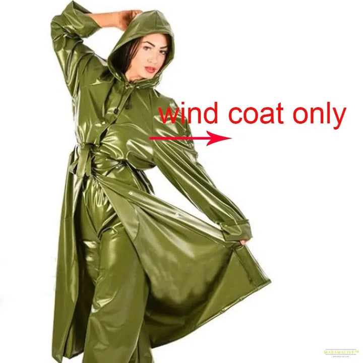 Maramalive™ Natural Rubber Latex Men Women Army Green Long Windbreaker Wind Coat Pants with Cap Outer Garment Handmade Costumes S-LSW037